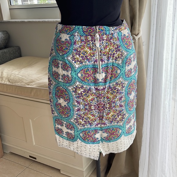 Maeve Anthropologie Aztec Print Lined Linen Blend Skirt Size 4 blue Yellow Pink - Picture 2 of 4